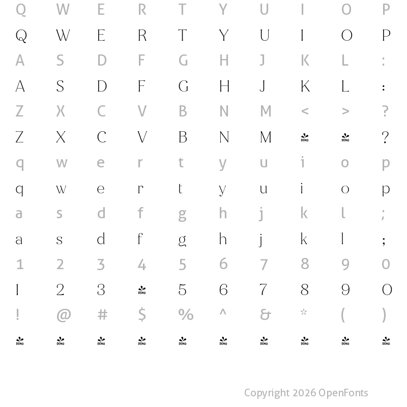 Character Map of FONTSPRING DEMO - Jazmin Alt ExtraLight Regular