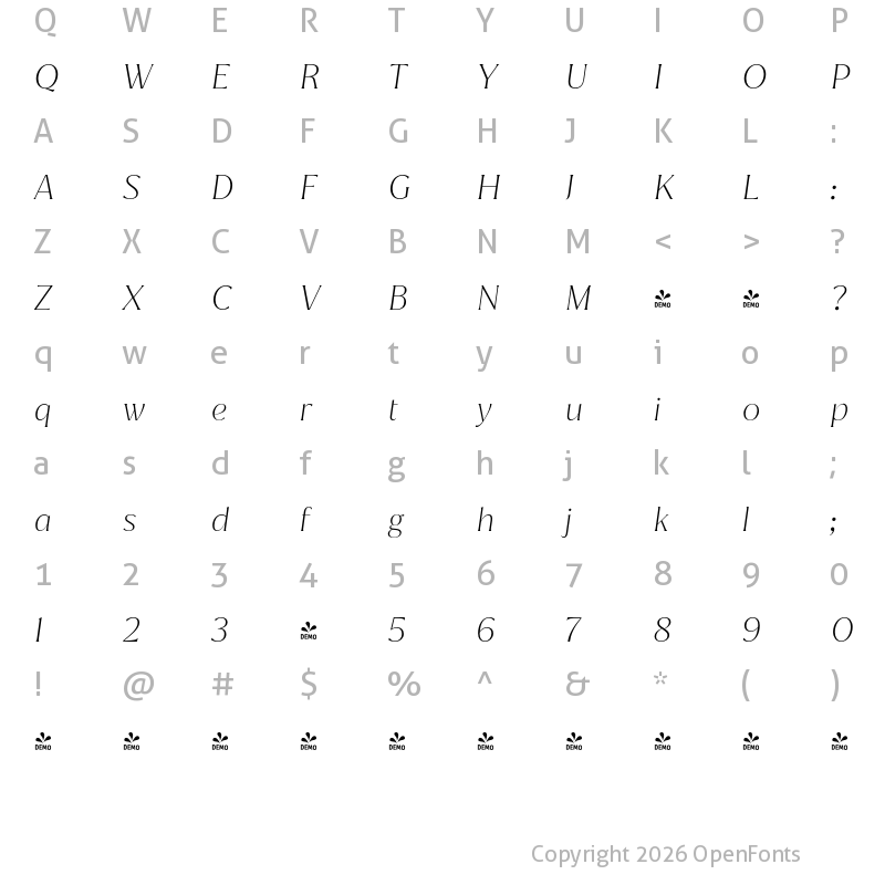 Character Map of FONTSPRING DEMO - Jazmin ExtraLight It Regular