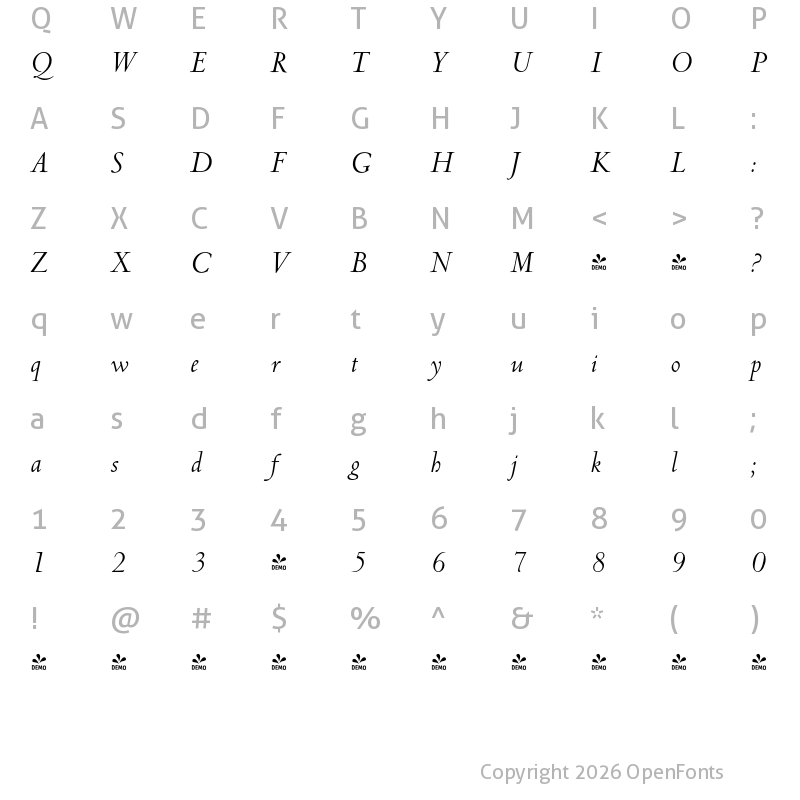 Character Map of FONTSPRING DEMO - Jenson Recut Italic