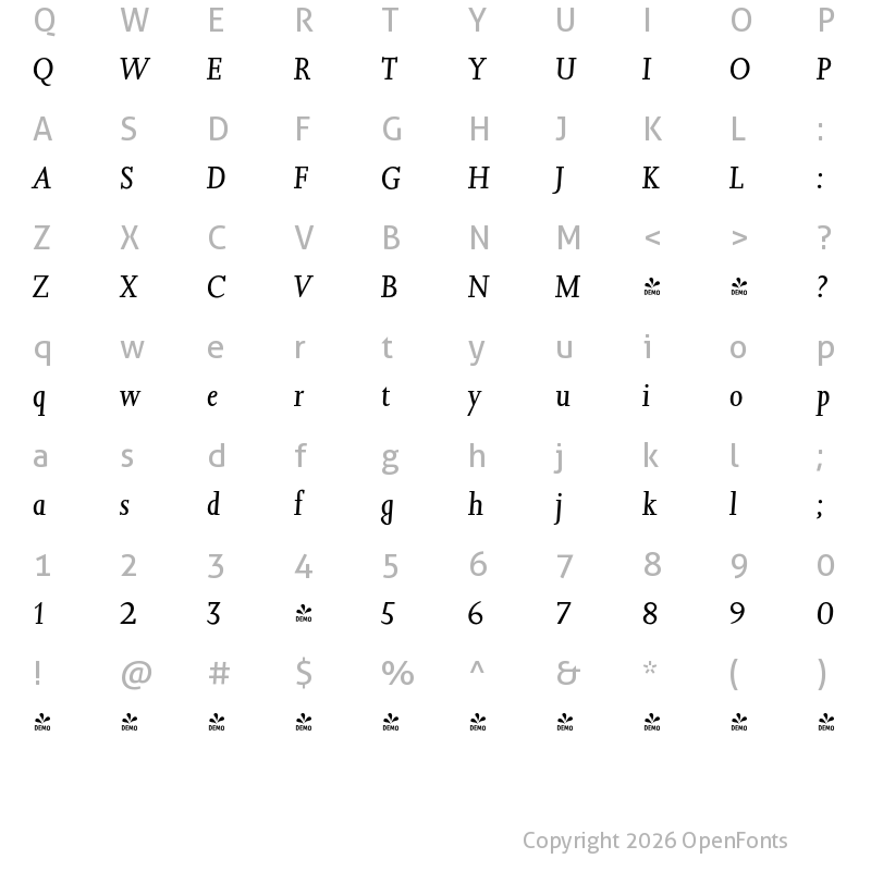 Character Map of FONTSPRING DEMO - Jessamie Italic