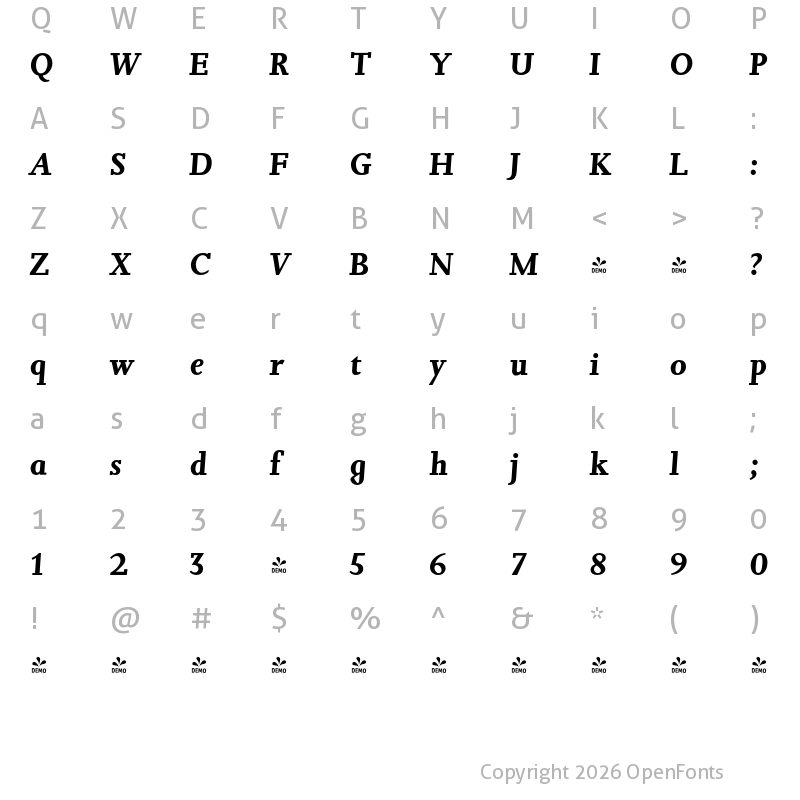 Character Map of FONTSPRING DEMO - Jessica Serial Bold Italic