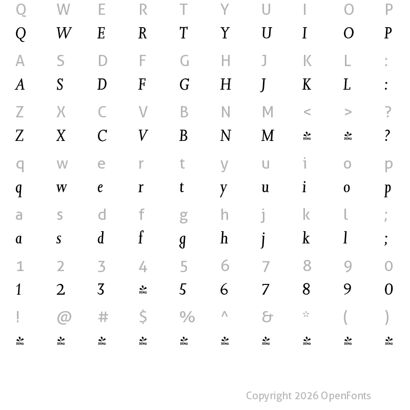 Character Map of FONTSPRING DEMO - Jessica Serial Italic