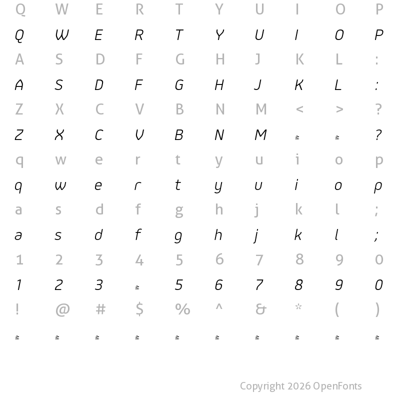 Character Map of FONTSPRING DEMO - Jiho Soft Light Italic