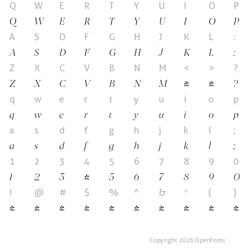 Character Map of FONTSPRING DEMO - Joane Italic ExtraLight Regular