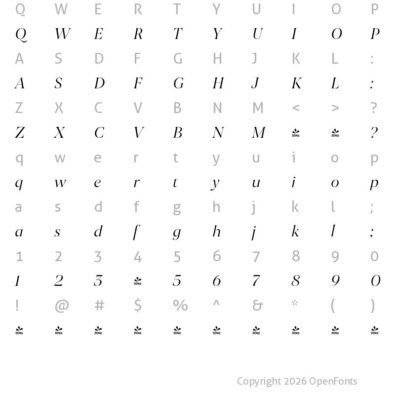 Character Map of FONTSPRING DEMO - Joane Italic Light Regular