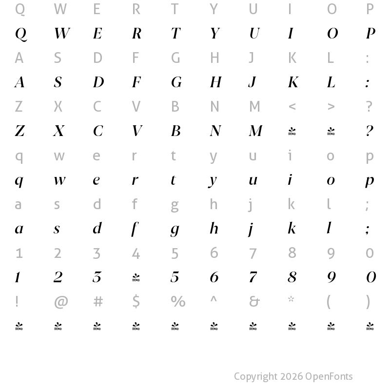Character Map of FONTSPRING DEMO - Joane Italic SemiBold Regular