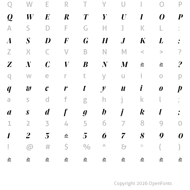 Character Map of FONTSPRING DEMO - Joane Pro L Bold Italic Regular