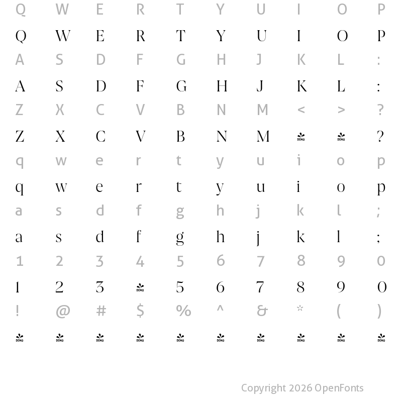 Character Map of FONTSPRING DEMO - Joane Pro L Light Regular