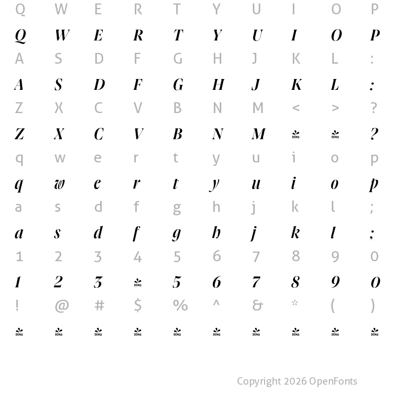 Character Map of FONTSPRING DEMO - Joane Pro L SemiBold Italic Regular