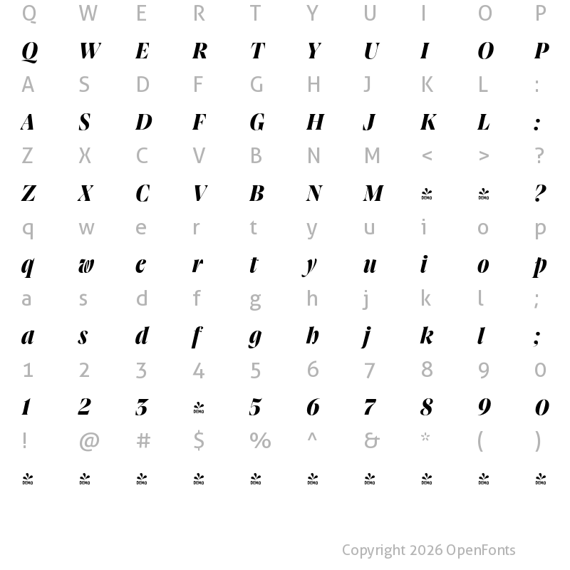 Character Map of FONTSPRING DEMO - Joane Pro L UltraBold Italic Regular