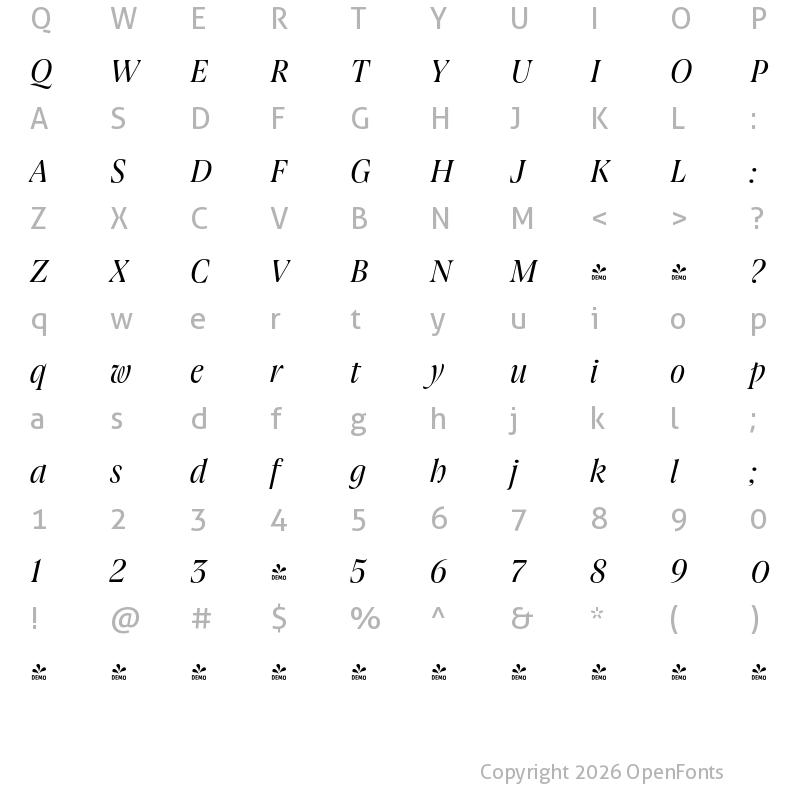 Character Map of FONTSPRING DEMO - Joane Pro M Italic Regular