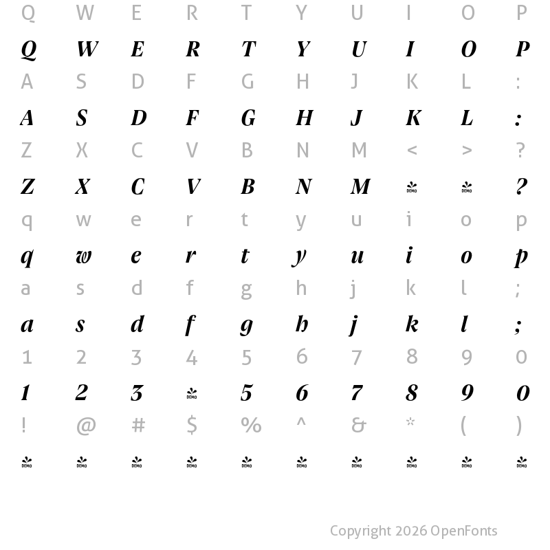 Character Map of FONTSPRING DEMO - Joane Pro S Bold Italic Regular