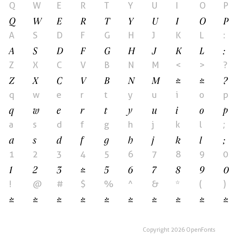 Character Map of FONTSPRING DEMO - Joane Pro S Italic Regular