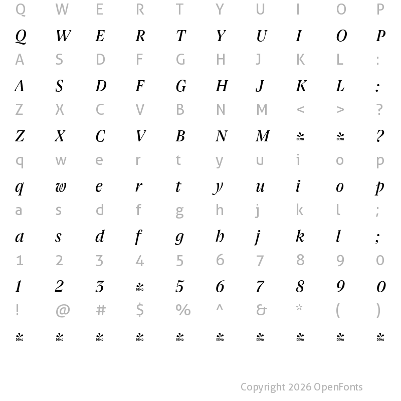 Character Map of FONTSPRING DEMO - Joane Pro S Medium Italic Regular