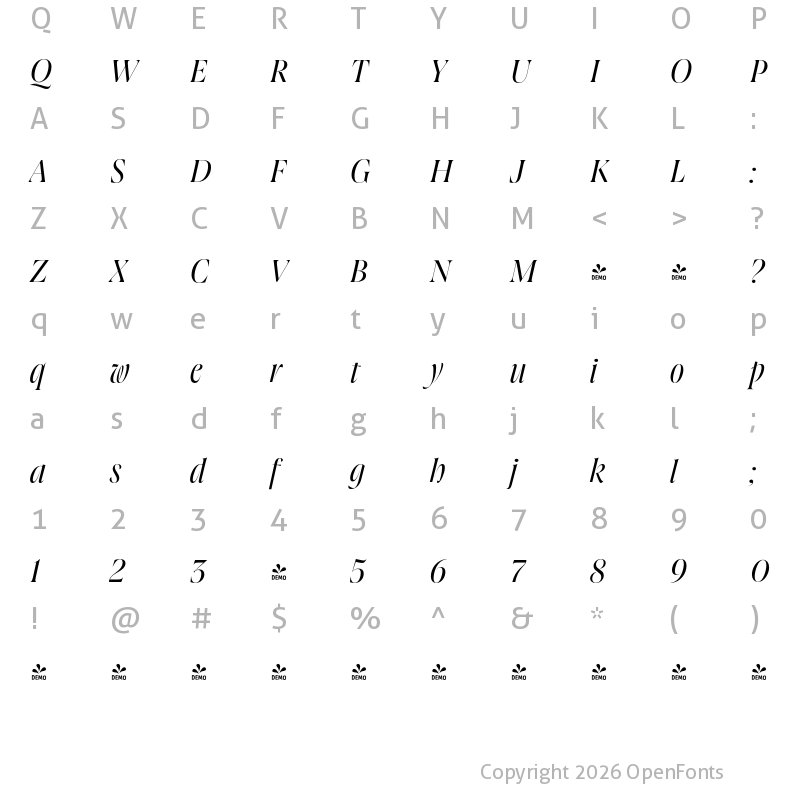 Character Map of FONTSPRING DEMO - Joane Pro XL Italic Regular