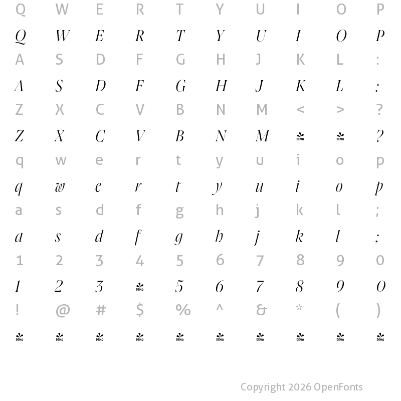 Character Map of FONTSPRING DEMO - Joane Pro XL Light Italic Regular