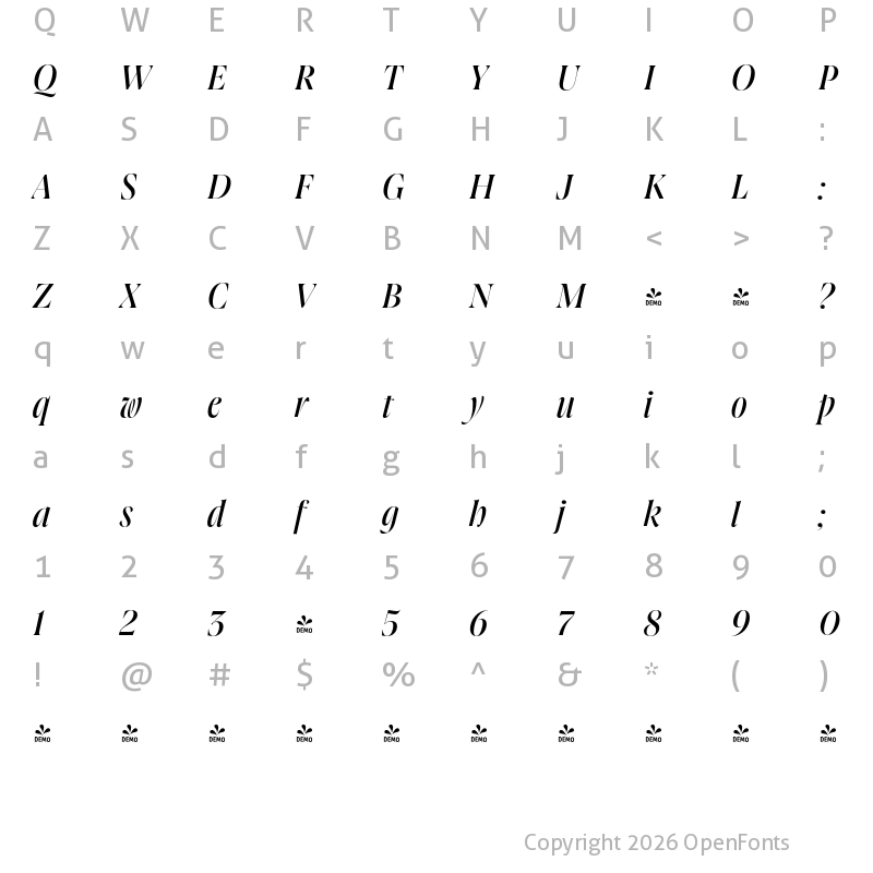 Character Map of FONTSPRING DEMO - Joane Pro XL Medium Italic Regular