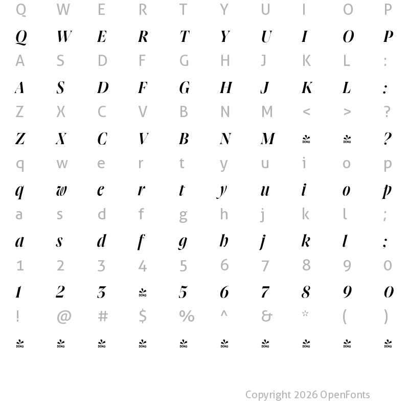 Character Map of FONTSPRING DEMO - Joane Pro XL SemiBold Italic Regular
