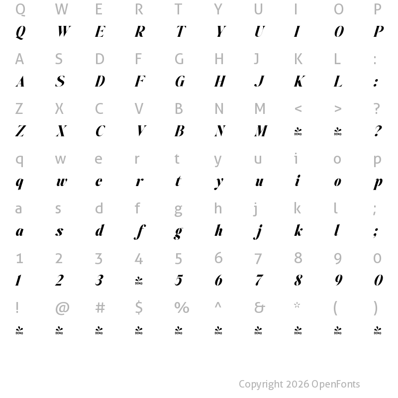 Character Map of FONTSPRING DEMO - Johannes Keppler Black Italic