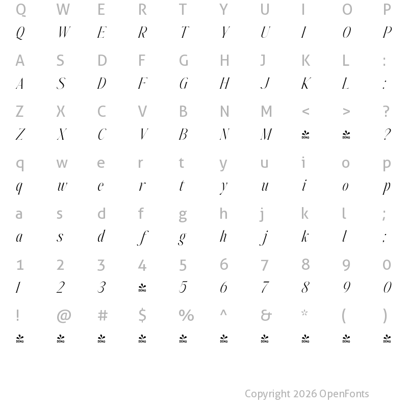 Character Map of FONTSPRING DEMO - Johannes Keppler Light Italic