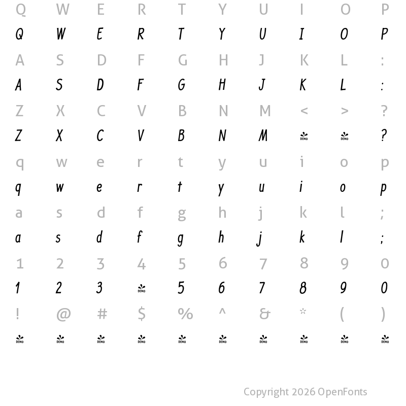 Character Map of FONTSPRING DEMO - JollyGood Proper Condensed Italic