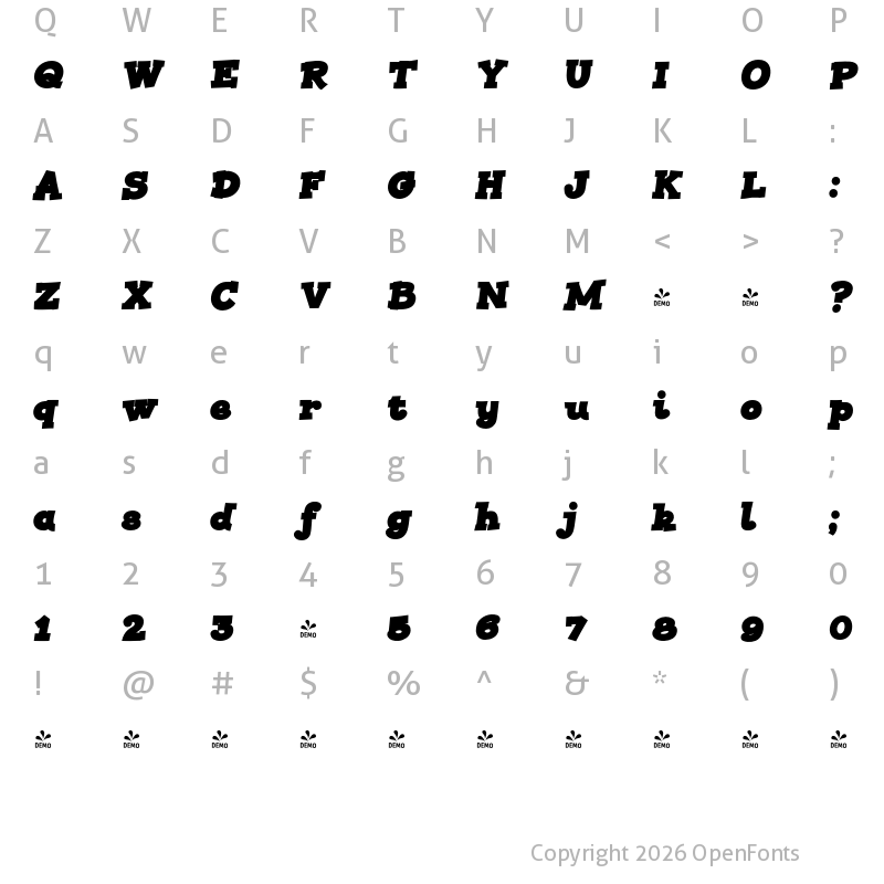 Character Map of FONTSPRING DEMO - JollyGood Proper Serif Black It Regular