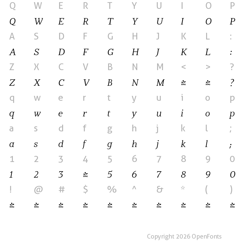 Character Map of FONTSPRING DEMO - Jozef Book Italic