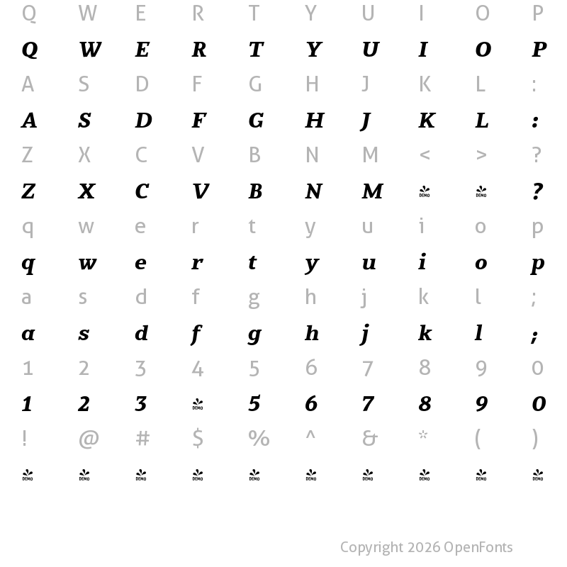 Character Map of FONTSPRING DEMO - Jozef ExtraBold Italic