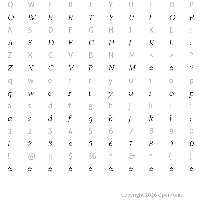 Character Map of FONTSPRING DEMO - JT Alvito Light Italic