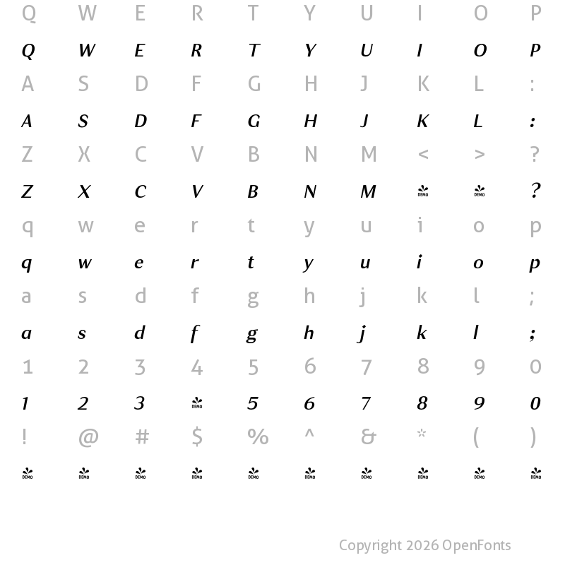 Character Map of FONTSPRING DEMO - JT Douro-Sans Italic