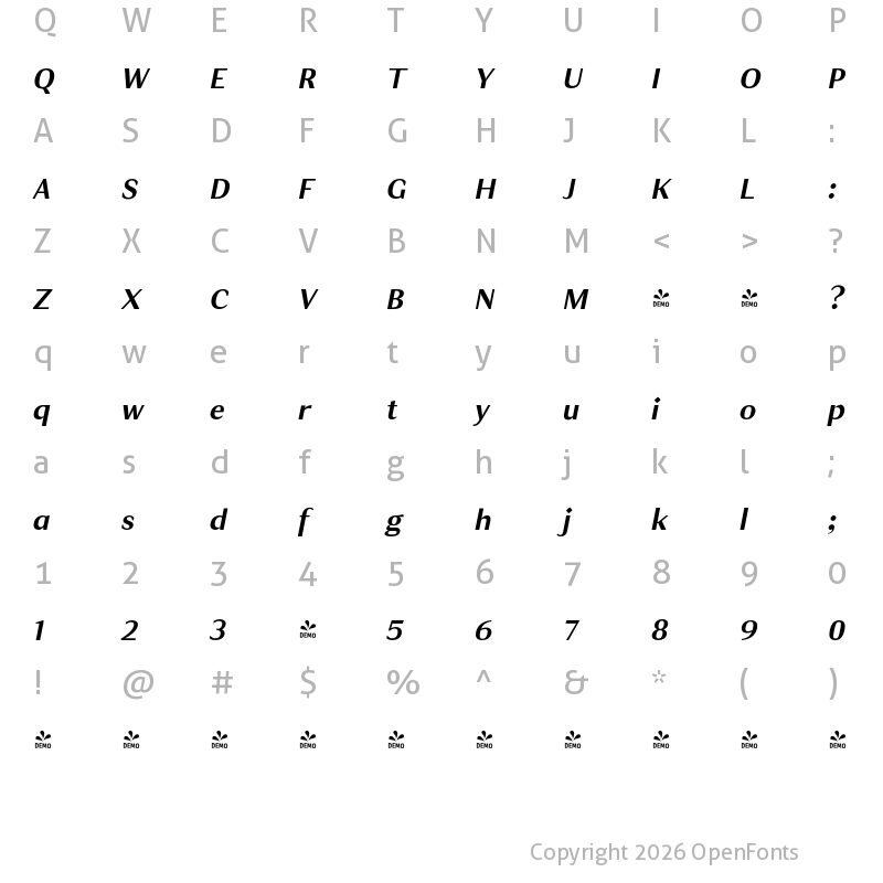 Character Map of FONTSPRING DEMO - JT Douro-Sans Medium Italic