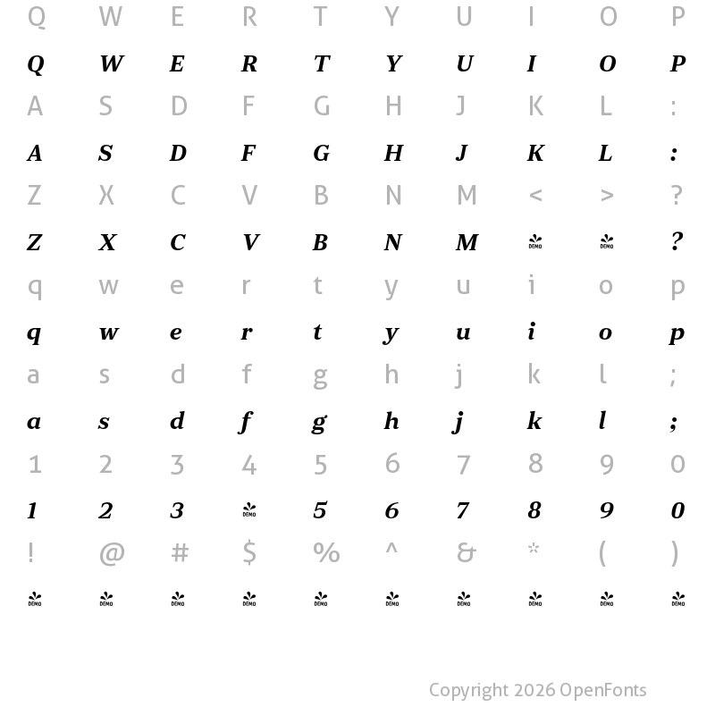 Character Map of FONTSPRING DEMO - JT Douro-Serif Italic