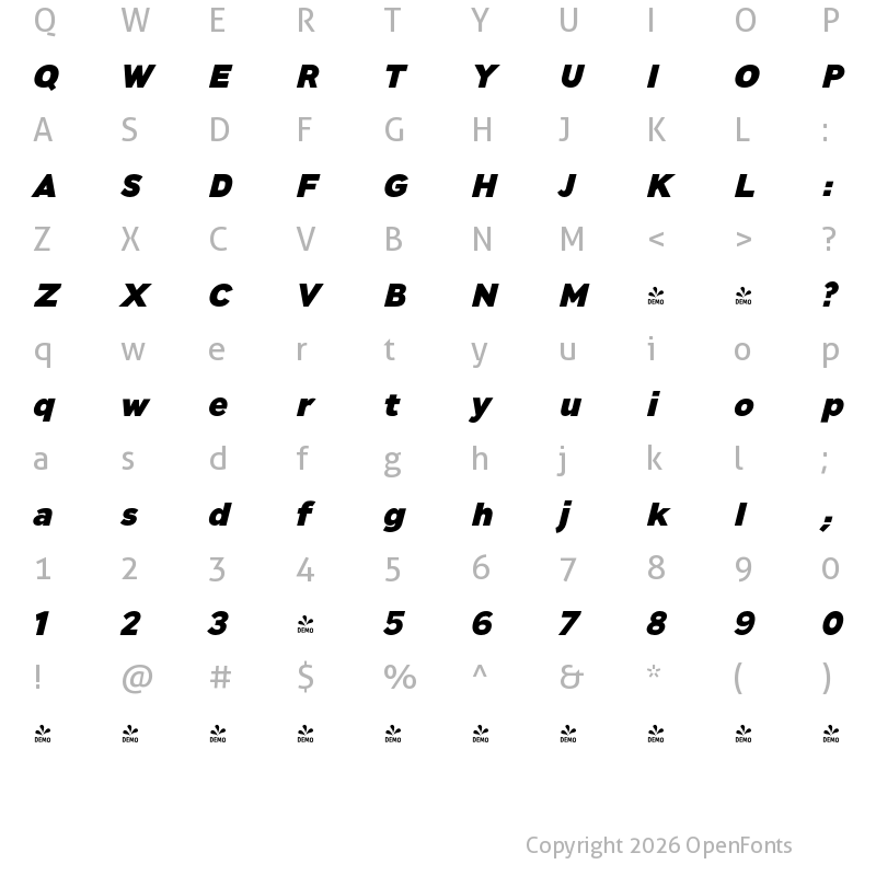 Character Map of FONTSPRING DEMO - JT Leonor Heavy Italic