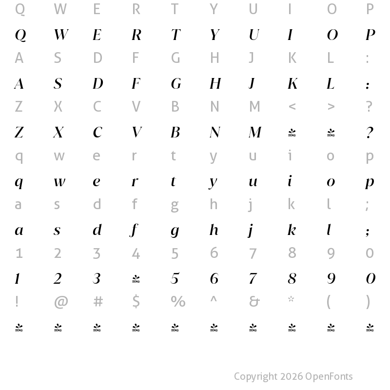 Character Map of FONTSPRING DEMO - Juana Medium It Regular