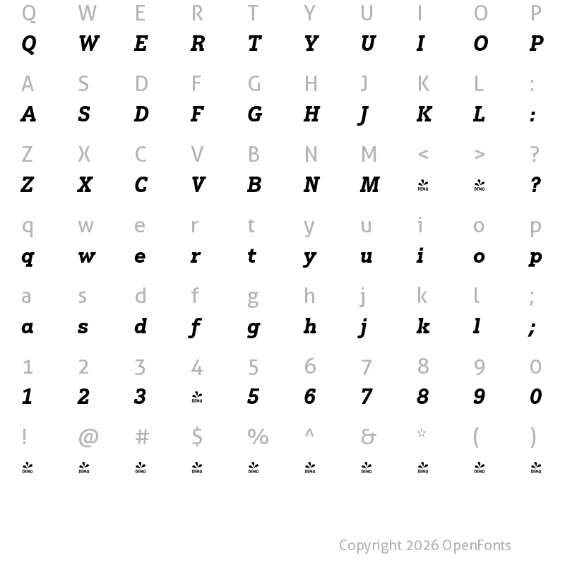 Character Map of FONTSPRING DEMO - Justus Pro Bold Italic