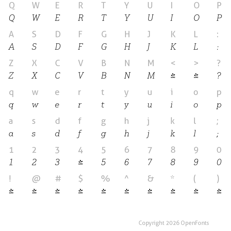 Character Map of FONTSPRING DEMO - Justus Pro Thin Italic