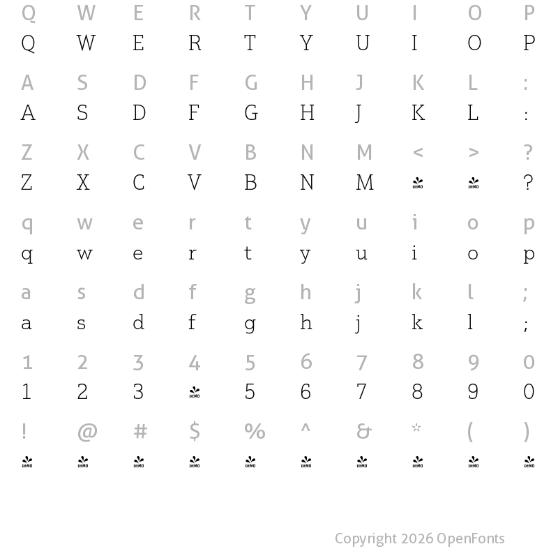 Character Map of FONTSPRING DEMO - Justus Pro Thin Regular