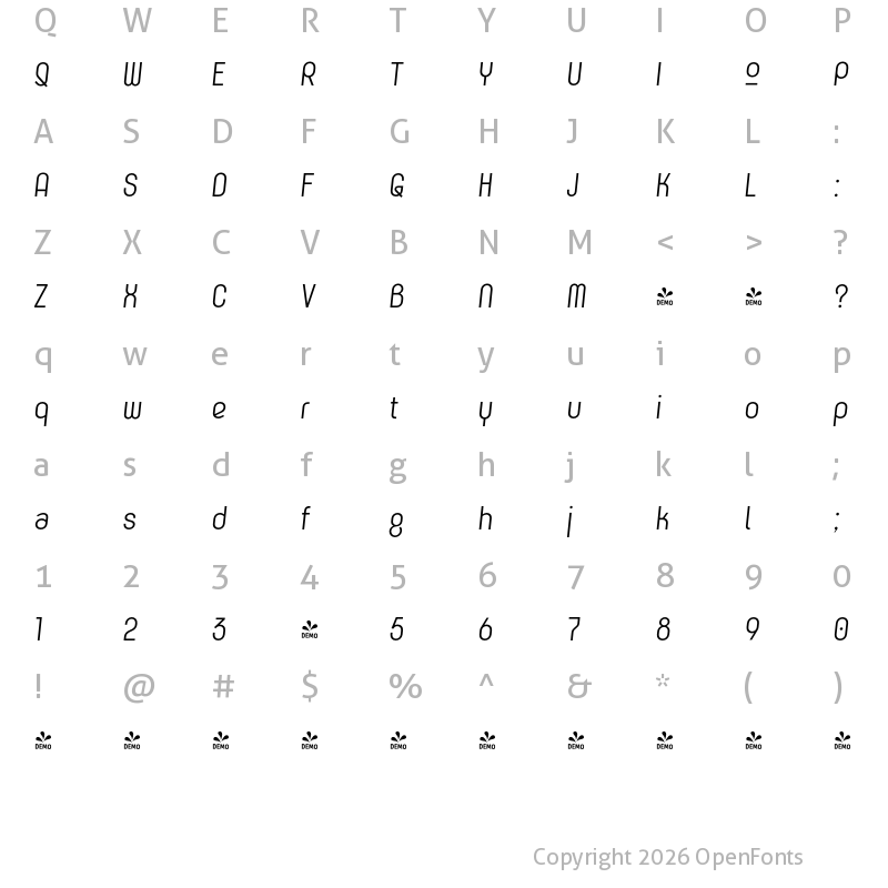 Character Map of FONTSPRING DEMO - K-haus 205 Italic