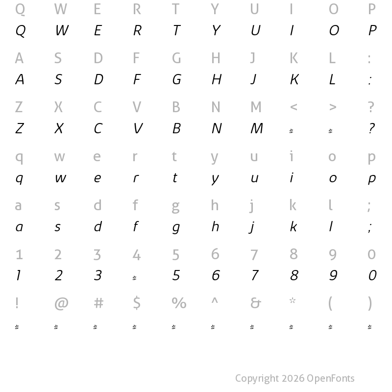Character Map of FONTSPRING DEMO - Kabrio Soft Light Italic