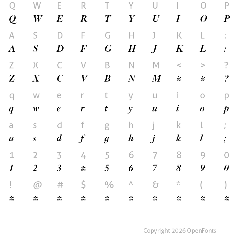 Character Map of FONTSPRING DEMO - Kaczun Oldstyle Bold Italic