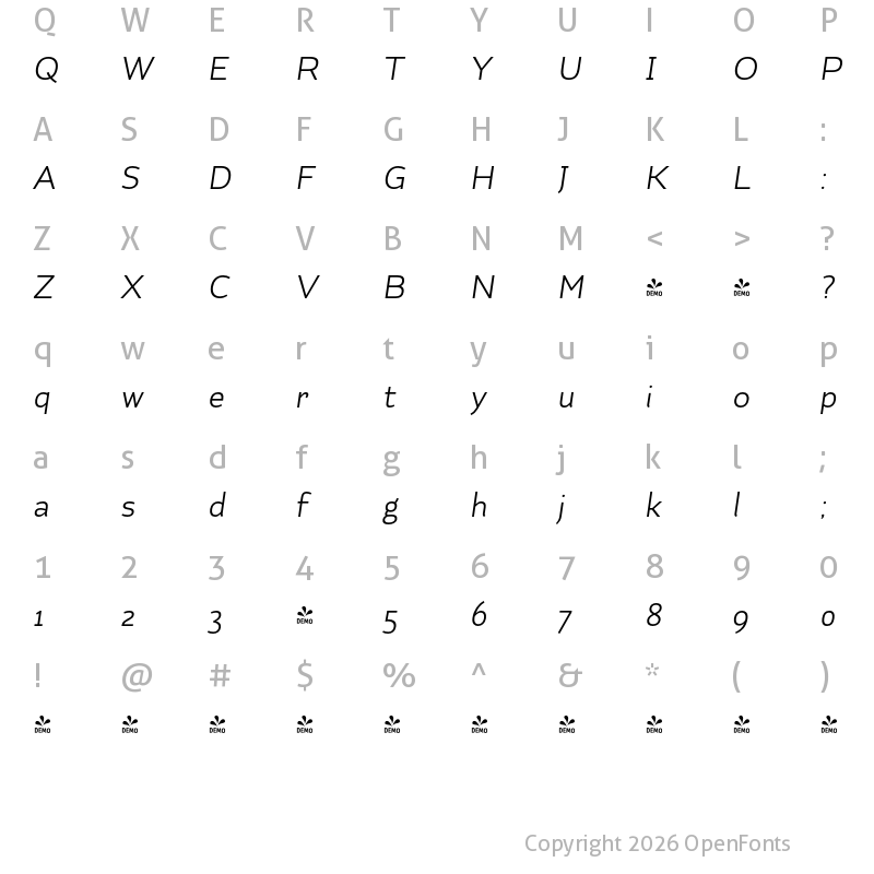 Character Map of FONTSPRING DEMO - Kahlo Bold Pro Bold Italic