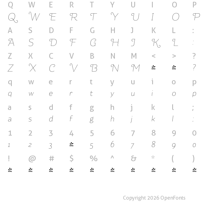 Character Map of FONTSPRING DEMO - Kahlo Light Swash Light Italic