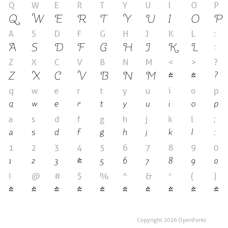 Character Map of FONTSPRING DEMO - Kahlo Medium Swash Medium Italic