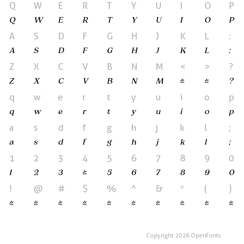 Character Map of FONTSPRING DEMO - Kalheuh Display Ita Italic