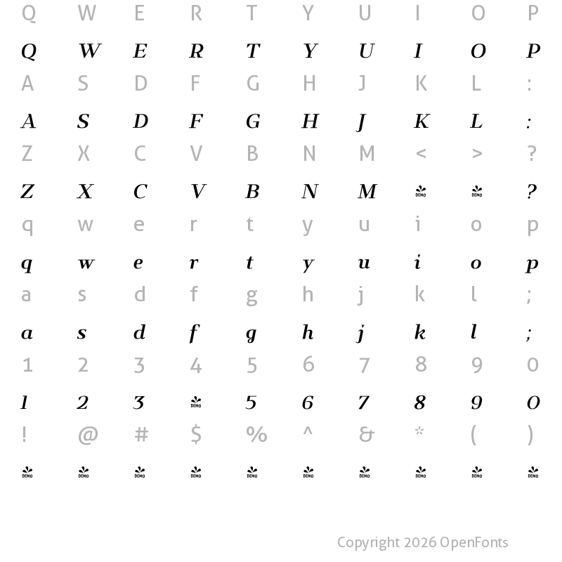 Character Map of FONTSPRING DEMO - Kalpa Italic