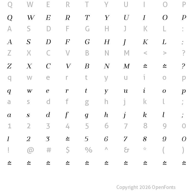 Character Map of FONTSPRING DEMO - Kalpa light Italic