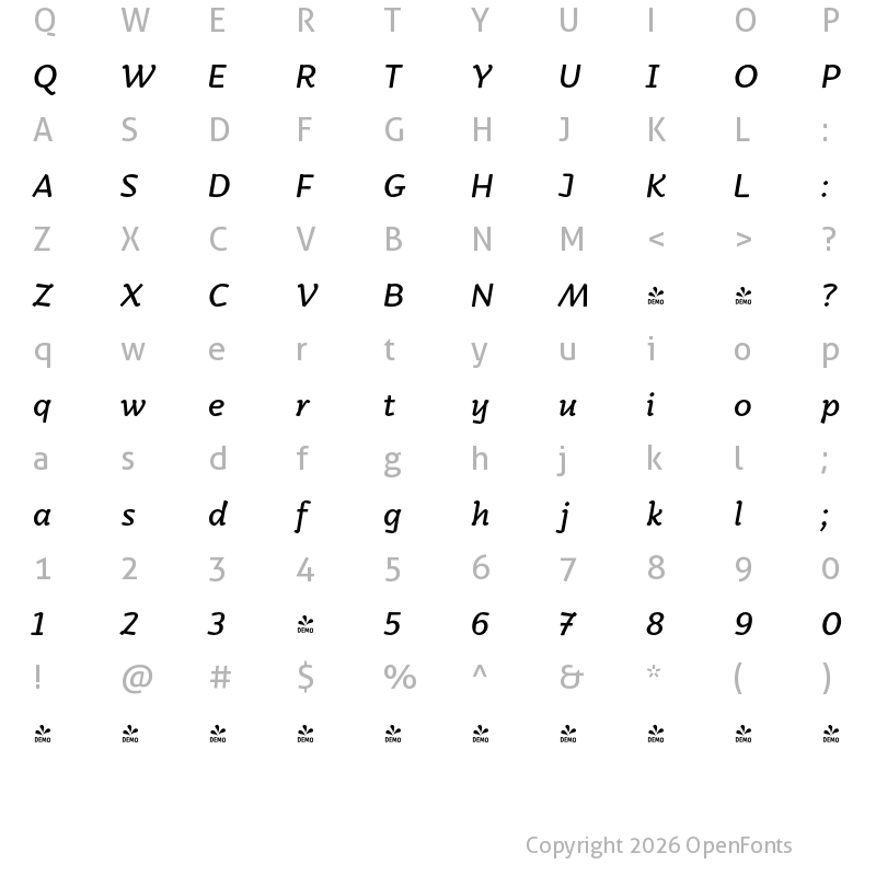 Character Map of FONTSPRING DEMO - Kamado Italic Regular