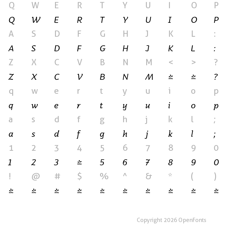 Character Map of FONTSPRING DEMO - Kamado Light Italic Regular