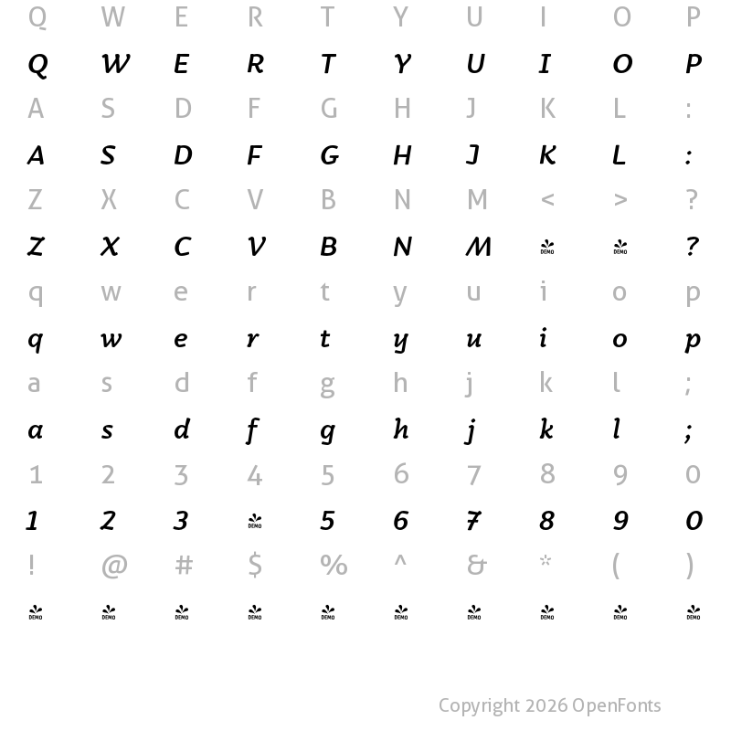 Character Map of FONTSPRING DEMO - Kamado Medium Italic Regular
