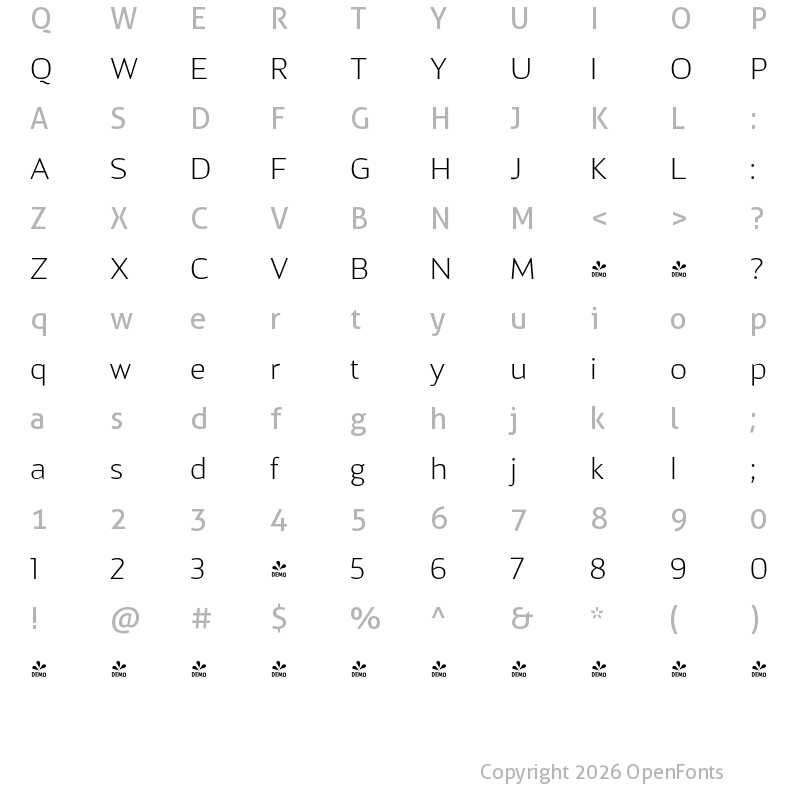 Character Map of FONTSPRING DEMO - Kandin Thin Regular